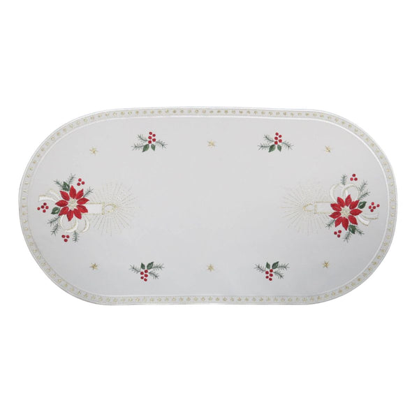 large creme linen table runner with candlelight embroidery candles stars and festive design