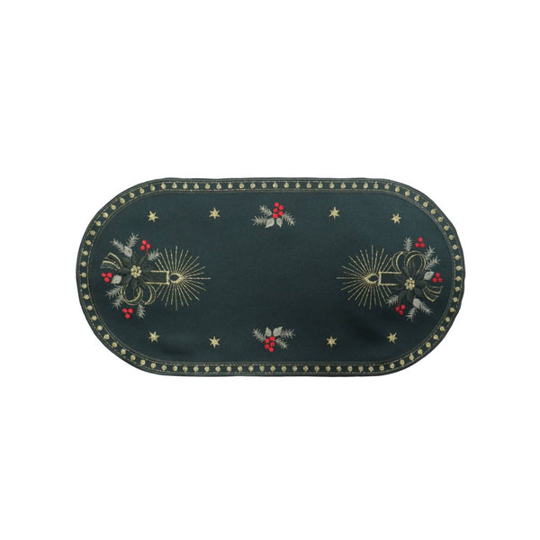 small green linen table runner with candlelight embroidery candles stars festive holiday design