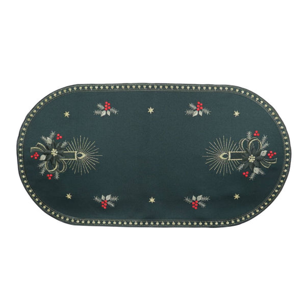 large green linen table runner with candlelight embroidery candles stars and festive design