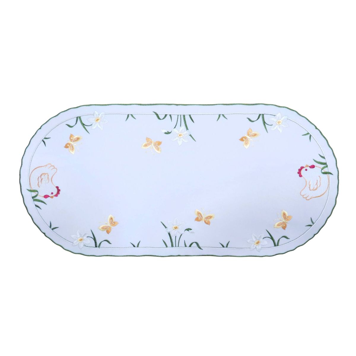 white linen table runner chicken butterfly embroidery farmhouse design Funke Germany
