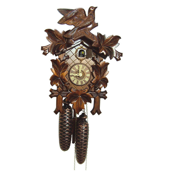 8-day traditional Black Forest cuckoo clock with carved leaves, crosshatched dial, and wooden cuckoo bird on top.