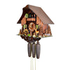 Side view of August Schwer's 8-Day Chalet Style Cuckoo Clock showcasing intricate craftsmanship with detailed wooden plank front, green shuttered windows, and decorative floral boxes. A rustic fence surrounds a miniature waterwheel, while tall fir trees and a deer add to the charming woodland scene.