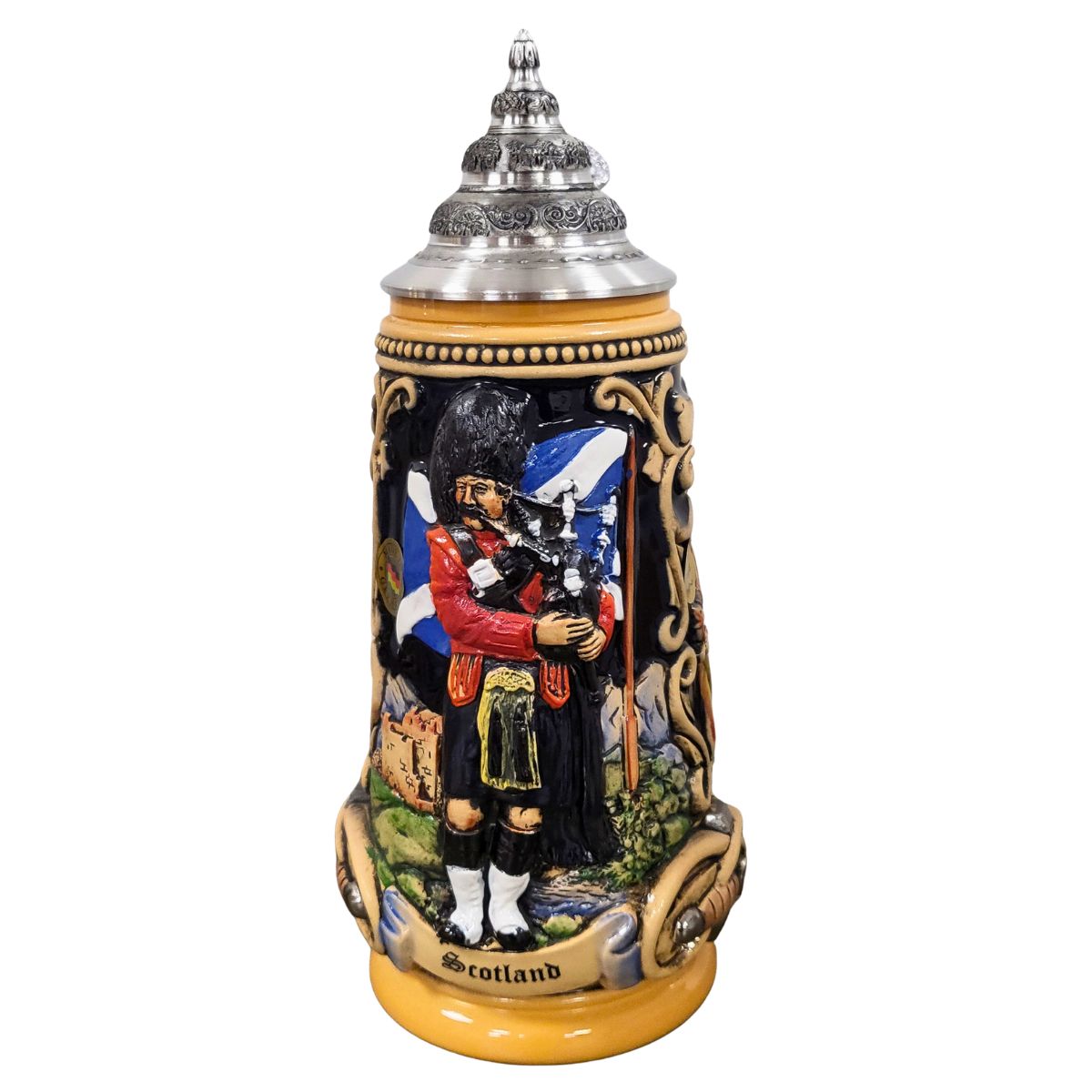 Scotland Beer Stein by KING featuring Highland bagpiper and Scottish flag, handcrafted in Germany with pewter lid