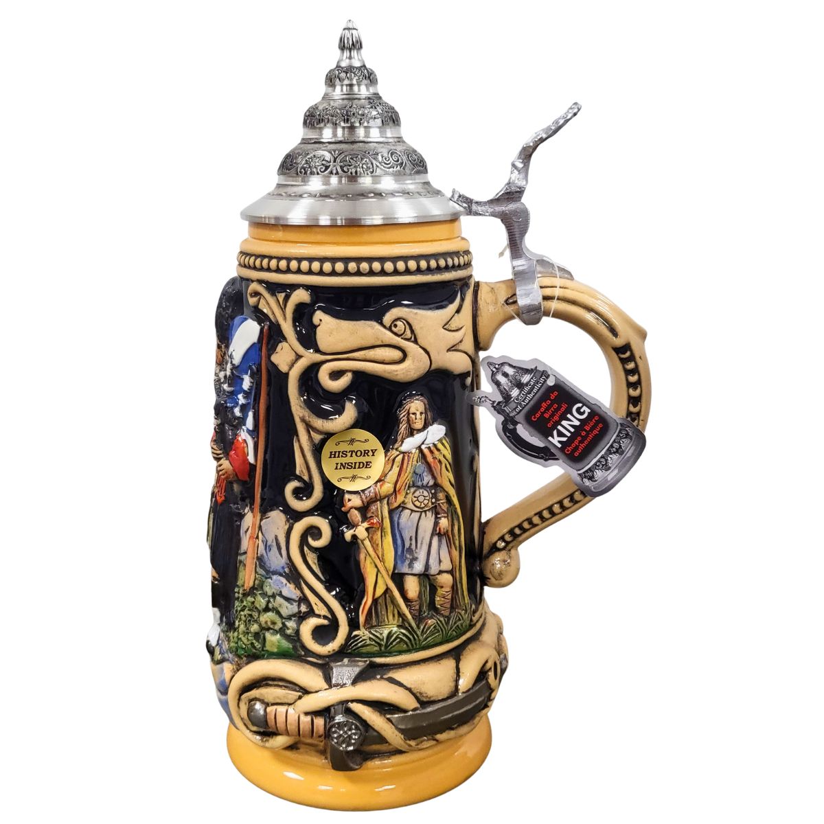 Scotland Beer Stein with Scottish historical figures and Celtic-inspired design, handcrafted by KING-WERK Germany
