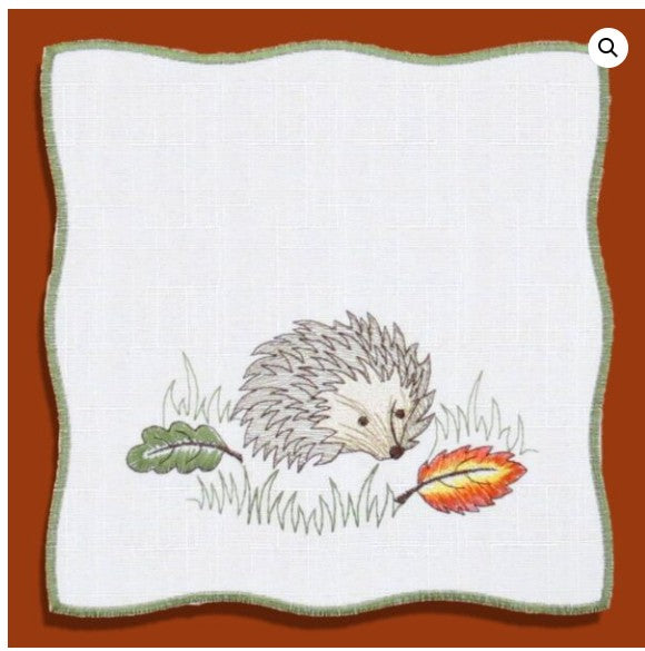 Square Table Linen - White with Hedgehogs, Apples and Leaves (small)