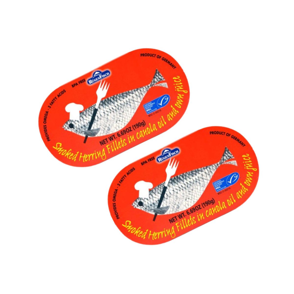 Two oval red labels for smoked herring fillets in canola oil and sun juice, each showing a fish illustration, a fork, and the brand name Cana Pan.