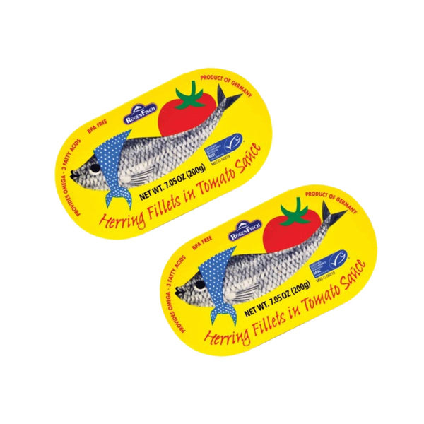 Two oval yellow labels for RügenFisch Herring Fillets in Tomato Sauce, featuring a blue-striped herring, a red tomato, and product text on a white background.