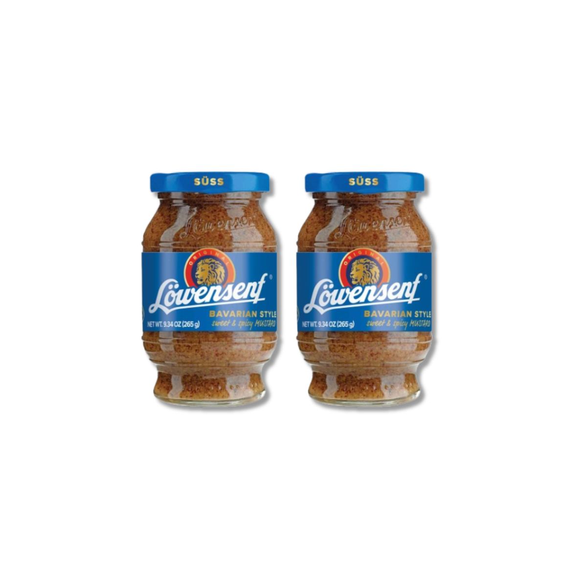 Two jars of Löwensenf Bavarian Sweet Mustard, 9.34 oz each