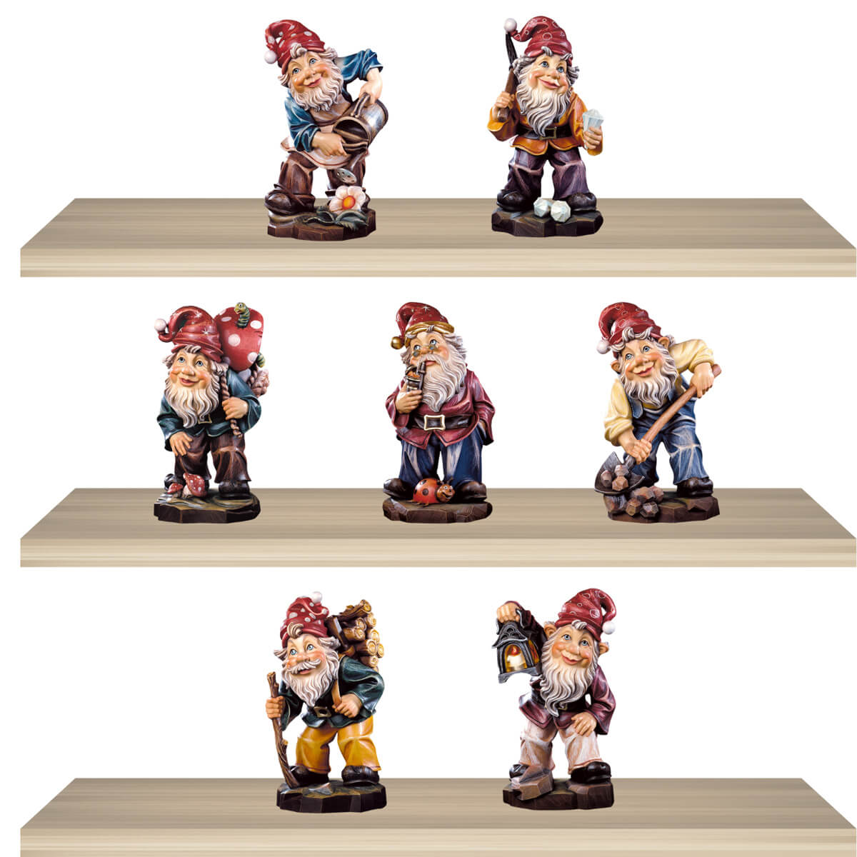 Set of 7 hand-carved wooden dwarfs by DEUR, each with unique outfits and tools, made in South Tyrol.