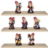 Set of 7 hand-carved wooden dwarfs by DEUR, each with unique outfits and tools, made in South Tyrol.