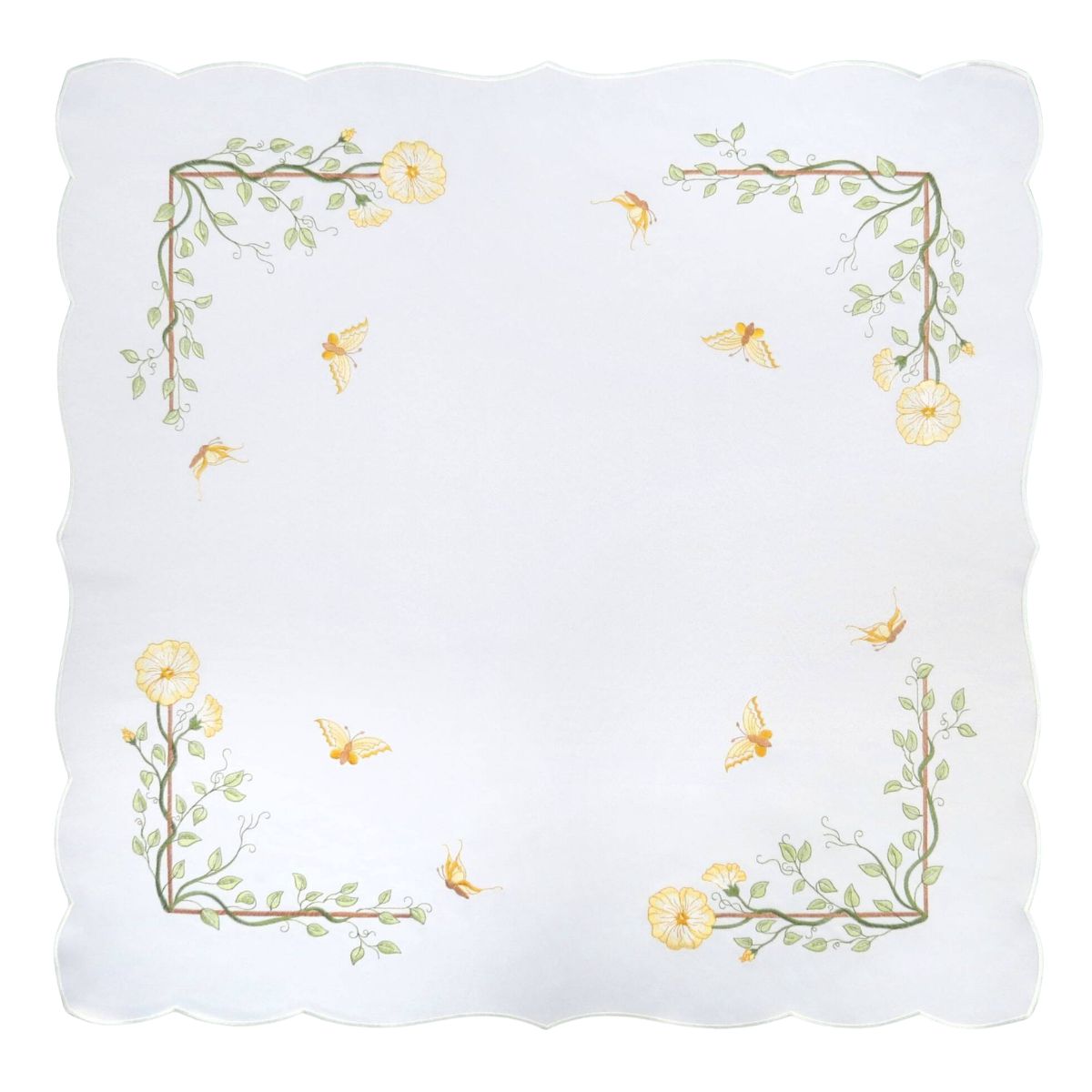White square linen tablecloth with scalloped edges, floral vine embroidery, yellow flowers, and butterfly accents