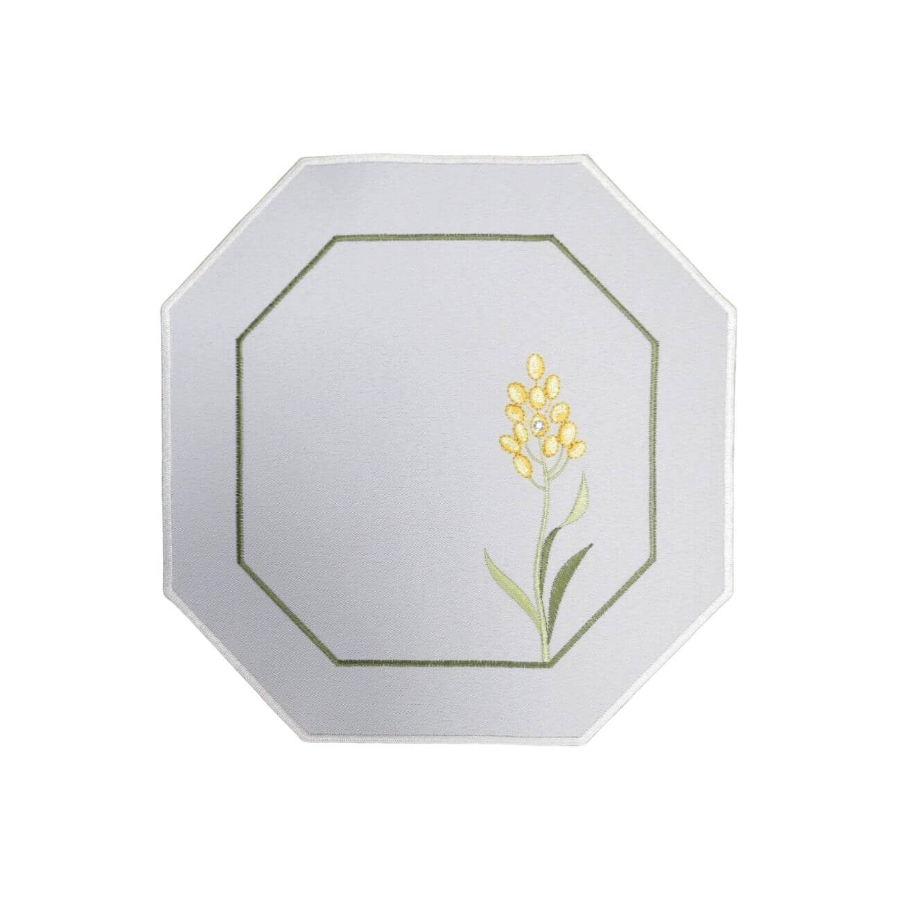White linen square doily with yellow flower, Swarovski crystal, and green stems, 9x9 in (23x23 cm), part of the Summer Meadow Collection