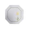 White linen square doily with yellow flower, Swarovski crystal, and green stems, 9x9 in (23x23 cm), part of the Summer Meadow Collection
