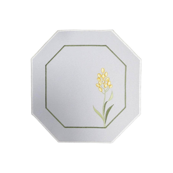 White linen square doily with yellow flower, Swarovski crystal, and green stems, 9x9 in (23x23 cm), part of the Summer Meadow Collection