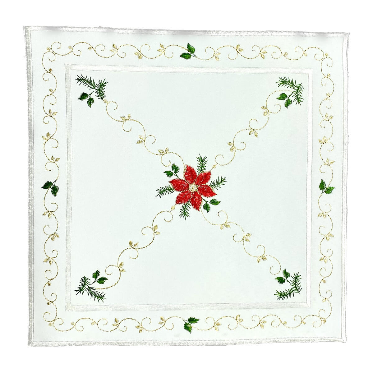 Square white table linen with a red poinsettia in the center, and diagonal designs of golden stitching resembling vines. An outer border follows the same vine looking golden stitching with green leaves.