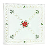 Square white table linen with a red poinsettia in the center, and diagonal designs of golden stitching resembling vines. An outer border follows the same vine looking golden stitching with green leaves.