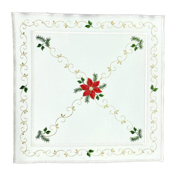 Square white table linen with a red poinsettia in the center, and diagonal designs of golden stitching resembling vines. An outer border follows the same vine looking golden stitching with green leaves.