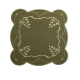 Winter Green Square Doily with Fir Tree Embroidery: Elevate your dining experience with this luxurious linen table runner adorned with intricate white fir tree embroidery and delicate gold stars on each corner. Perfect for adding a touch of elegance to your festive gatherings and winter celebrations.