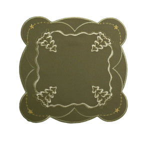 Winter Green Square Doily with Fir Tree Embroidery: Elevate your dining experience with this luxurious linen table runner adorned with intricate white fir tree embroidery and delicate gold stars on each corner. Perfect for adding a touch of elegance to your festive gatherings and winter celebrations.