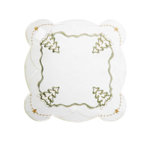 White square doily with green fir tree embroidery and delicate gold stars at each corner.