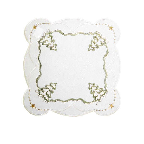 White square doily with green fir tree embroidery and delicate gold stars at each corner.