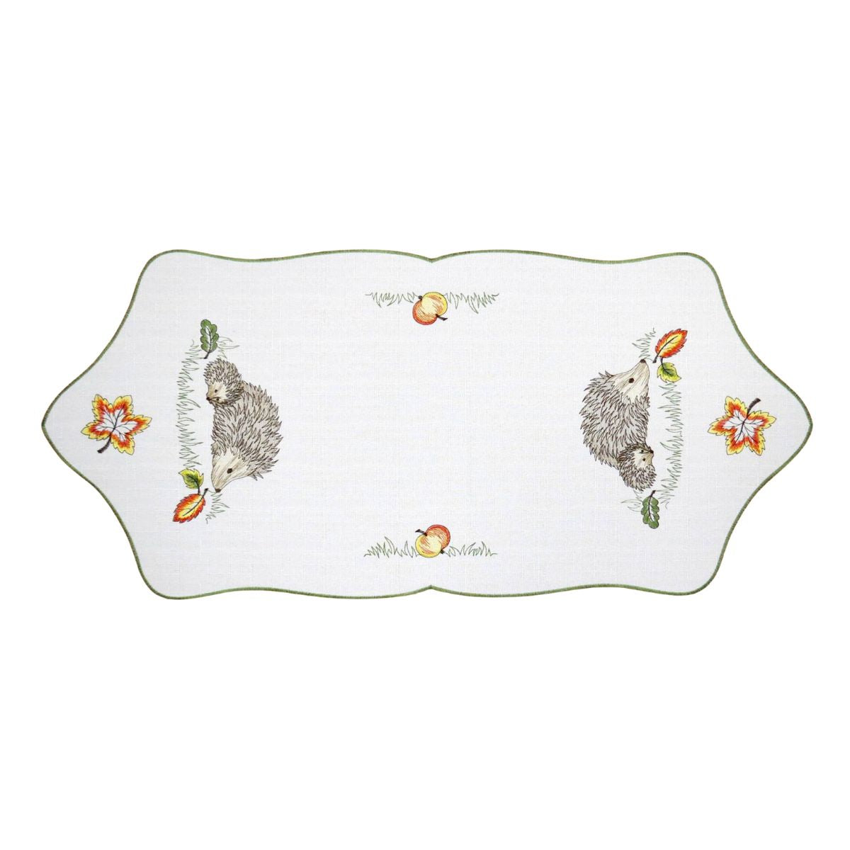 White linen table runner with hedgehogs apples and autumn leaves Funke Germany