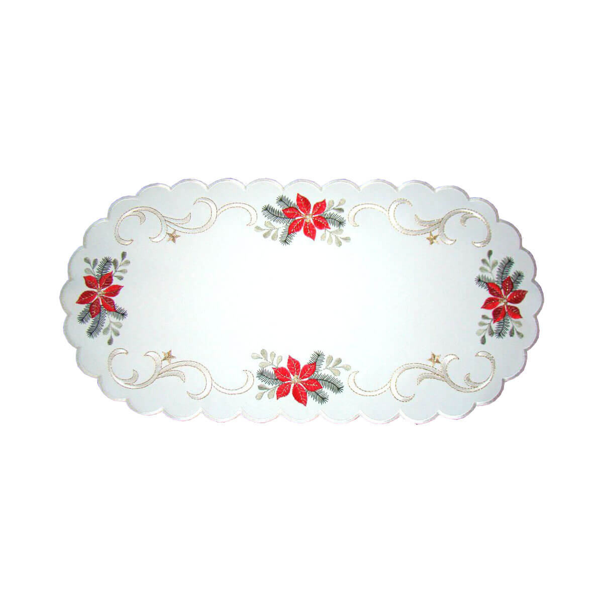 White table runner with scalloped edges, and a border of poinsettias with leaves, and curved filigree pattern with stars.
