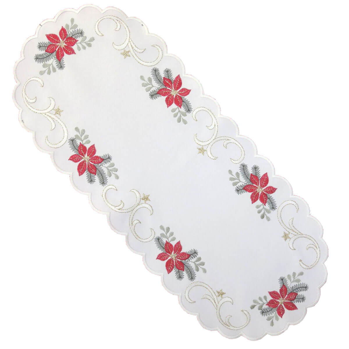 White linen table runner with red poinsettia embroidery green leaves gold stars scalloped edge Funke Germany