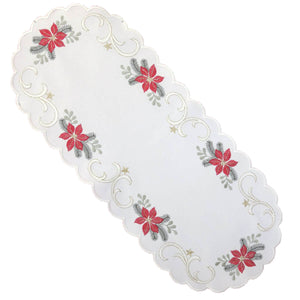 Linen Table Runner - White with Poinsettias, Leaves & Stars – Large