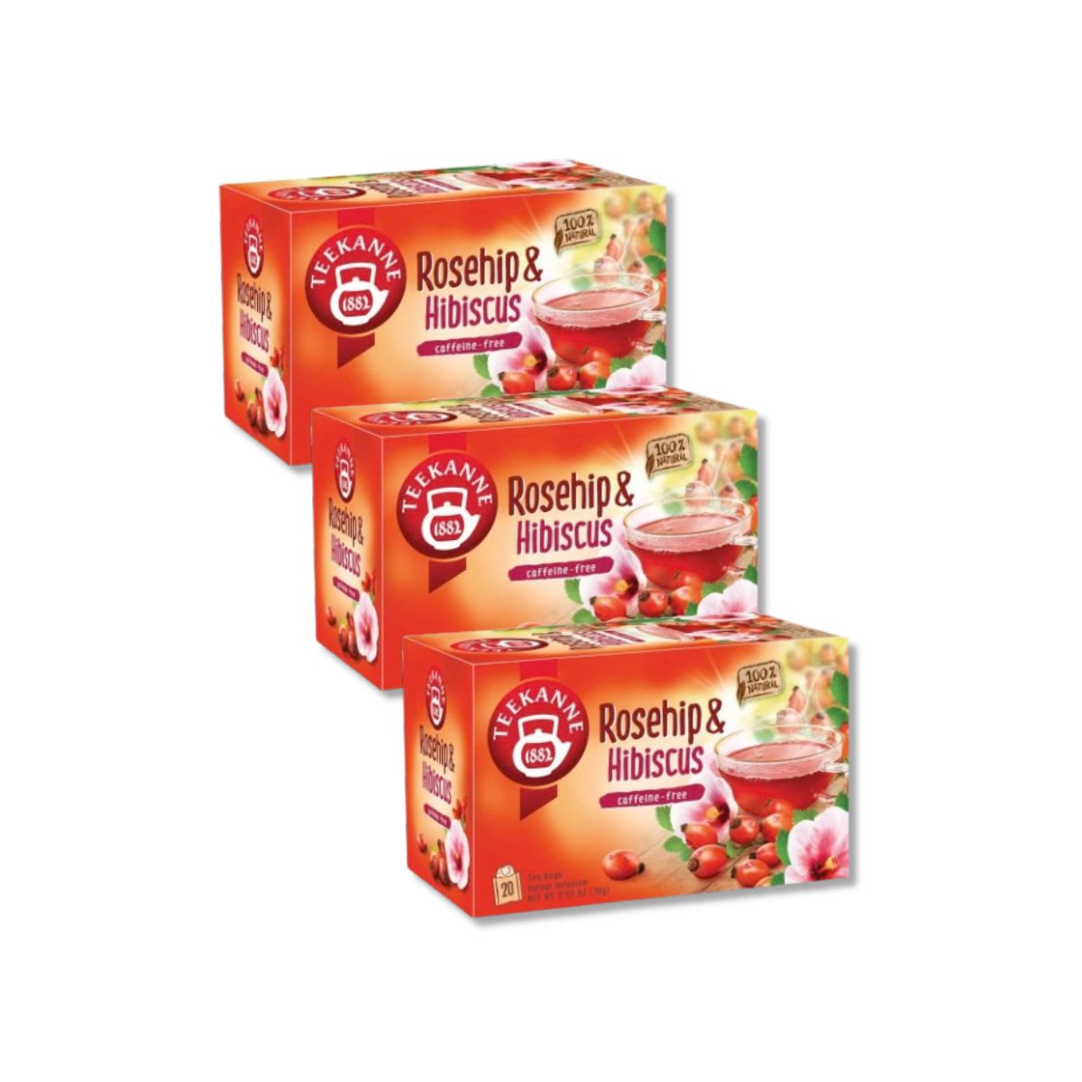Three boxes of Teekanne Rosehip & Hibiscus Herbal Fruit Tea