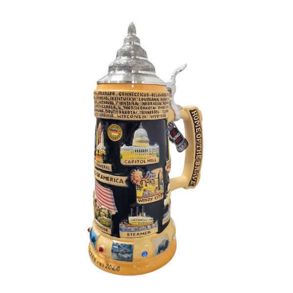 Side view of the USA 250th Anniversary panorama beer stein featuring Capitol Hill, Cape Canaveral, Windy City, Steamer, and "Home of the Brave" handle.