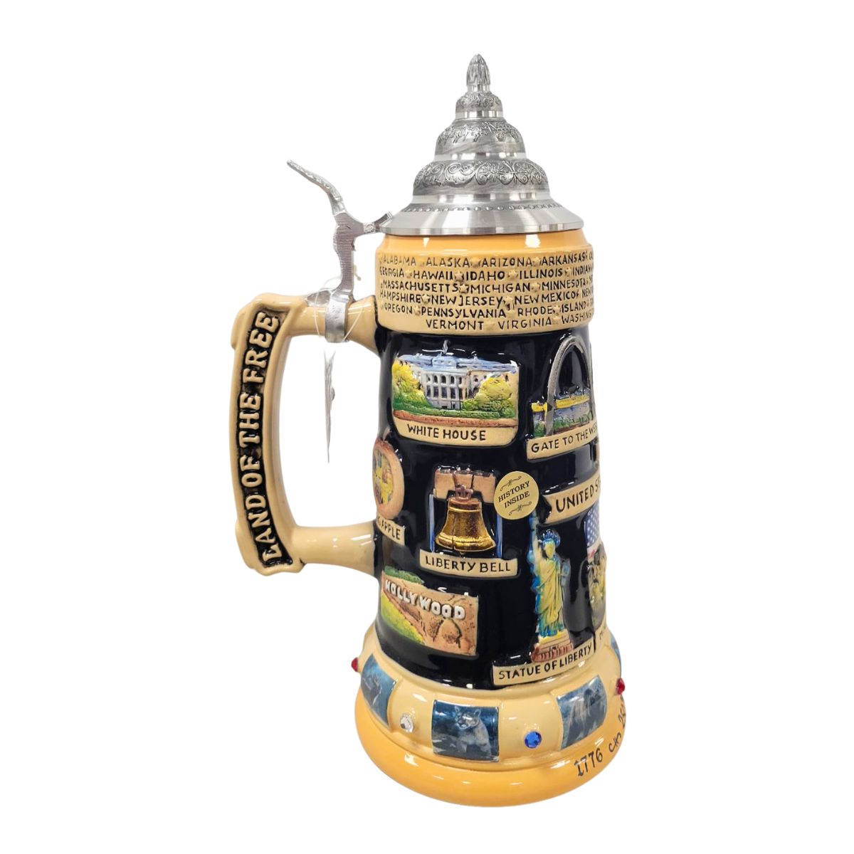 Side view of the USA 250th Anniversary panorama beer stein featuring the White House, Liberty Bell, Statue of Liberty, Gateway Arch, and 