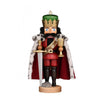 Handcrafted Christian Ulbricht nutcracker of King Arthur, wearing a regal cape and golden crown, holding a sword in one hand and a chalice in the other.