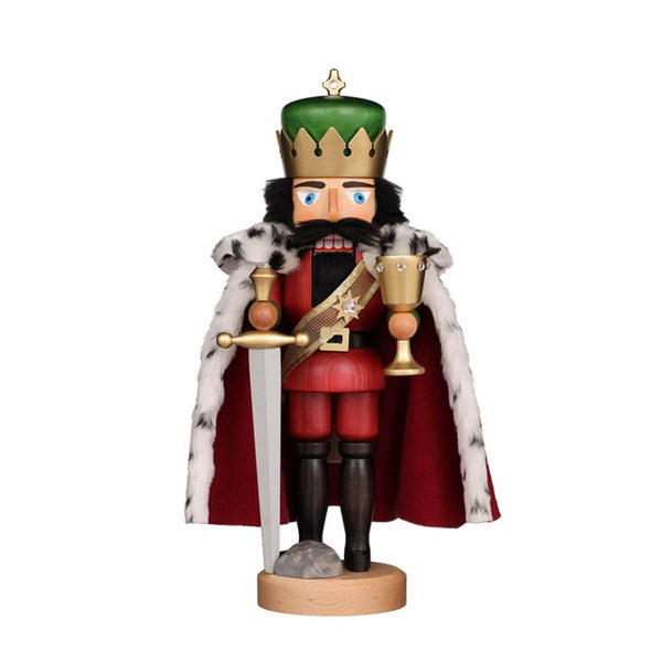 Handcrafted Christian Ulbricht nutcracker of King Arthur, wearing a regal cape and golden crown, holding a sword in one hand and a chalice in the other.