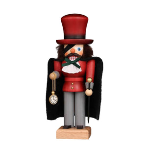 From the German story the Nutcracker and the Mouse King, comes Uncle Drosselmeier. This hand carved Christian Ulbricht Nutcracker is wearing his trademark eyepatch, a large red top hat, red jacket and his gold watch and chain. Over his jacket he is wearing a black cape. He is carrying a black cane topped with a golden circular handle