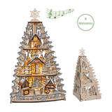 A stunning Christmas Schwibbogen tree featuring a German village at the base, rotating pyramids, frosted tree branches, and a star on top, with music features.