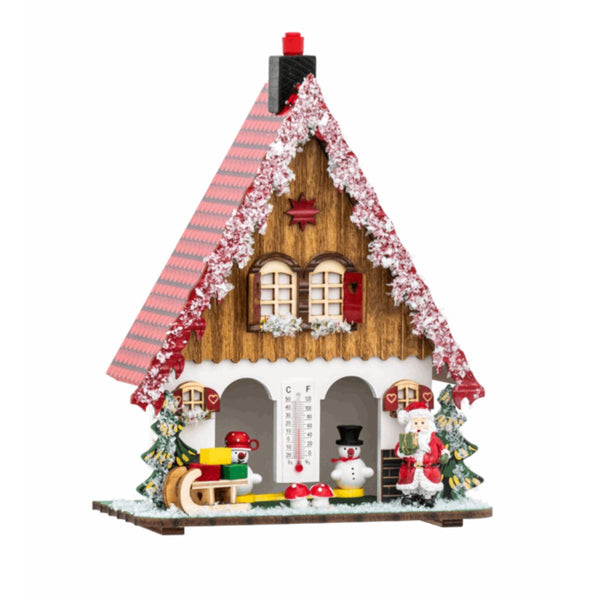 Trenkle Christmas Black Forest weather house with Santa, snowman, thermometer, sled, and snowy chalet design