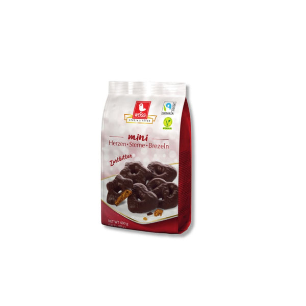 Weiss Mini Lebkuchen hearts, stars and pretzels covered in dark chocolate, 400 g package