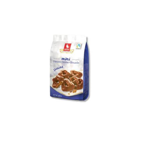 Weiss Mini Lebkuchen hearts, stars and pretzels covered in milk chocolate, 400 g package