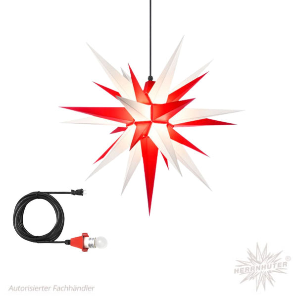White and red Herrnhuter Moravian Star Set A7 with outdoor cable and light kit for indoor and outdoor Christmas decorating