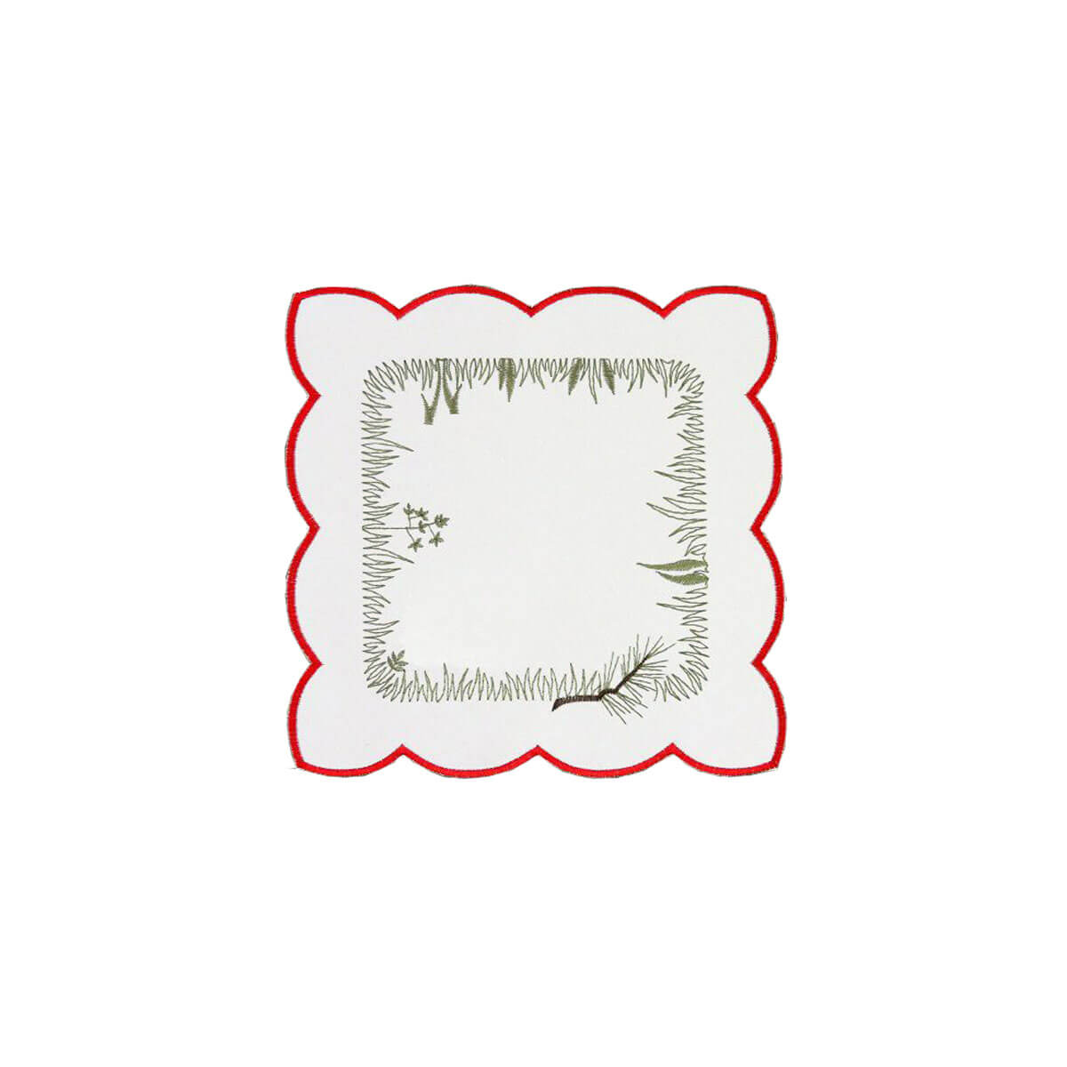Square white table linen with scalloped edges and a red border, with an interior border design of forest foliage.