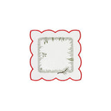 Square white table linen with scalloped edges and a red border, with an interior border design of forest foliage.