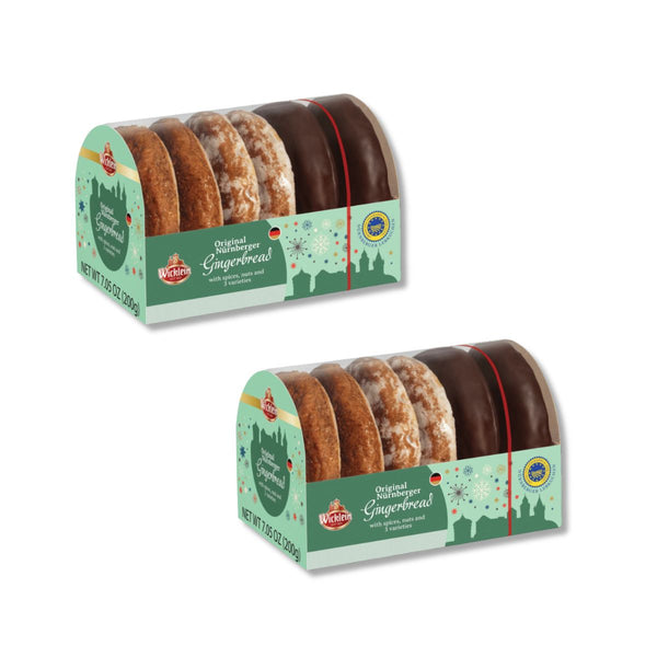 Two packs of Wicklein assorted Nuremberg Oblaten Lebkuchen with chocolate-coated, sugar-glazed, and plain gingerbread cookies