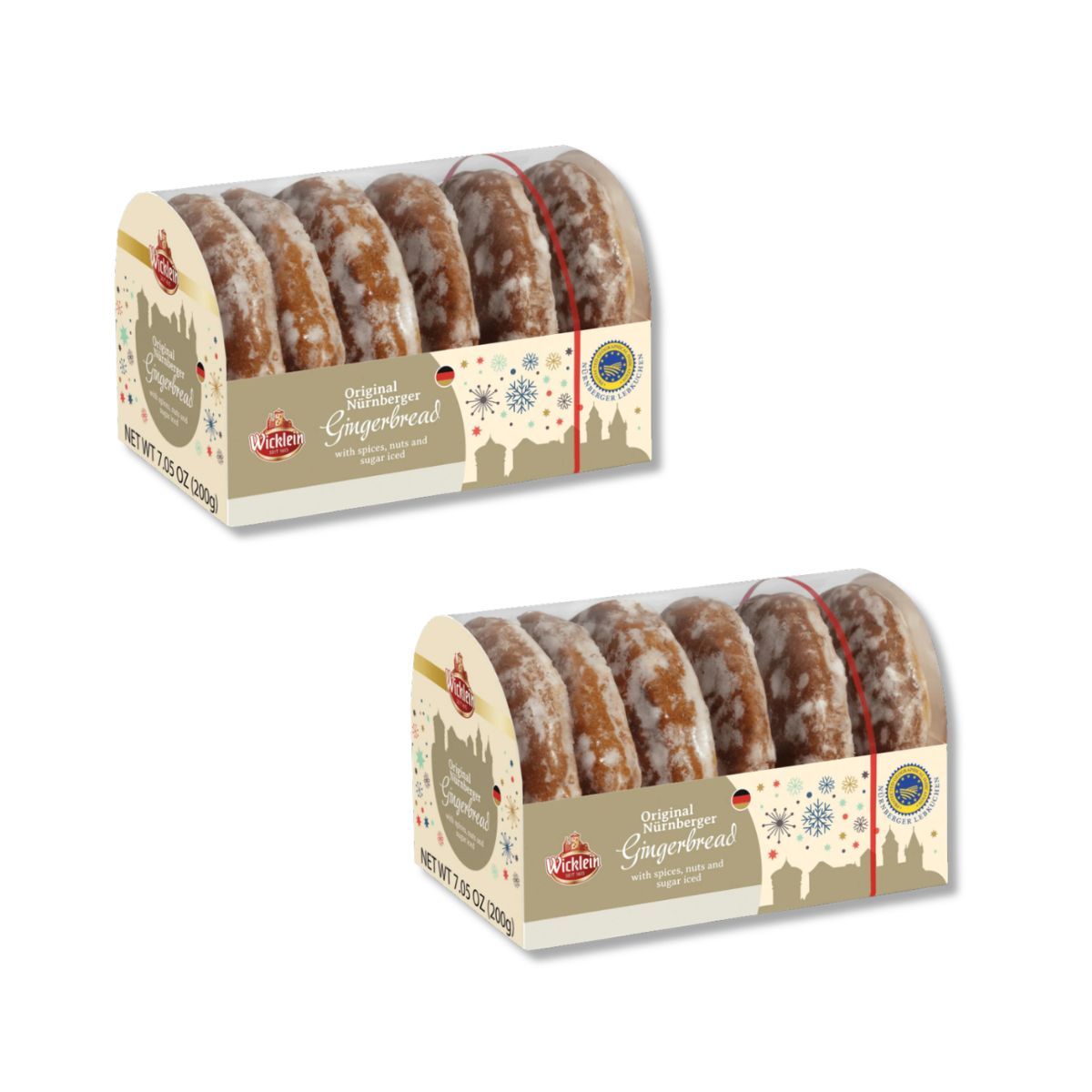 Two packs of Wicklein glazed Nuremberg Oblaten Lebkuchen gingerbread cookies with sugar icing, 7.05 oz each