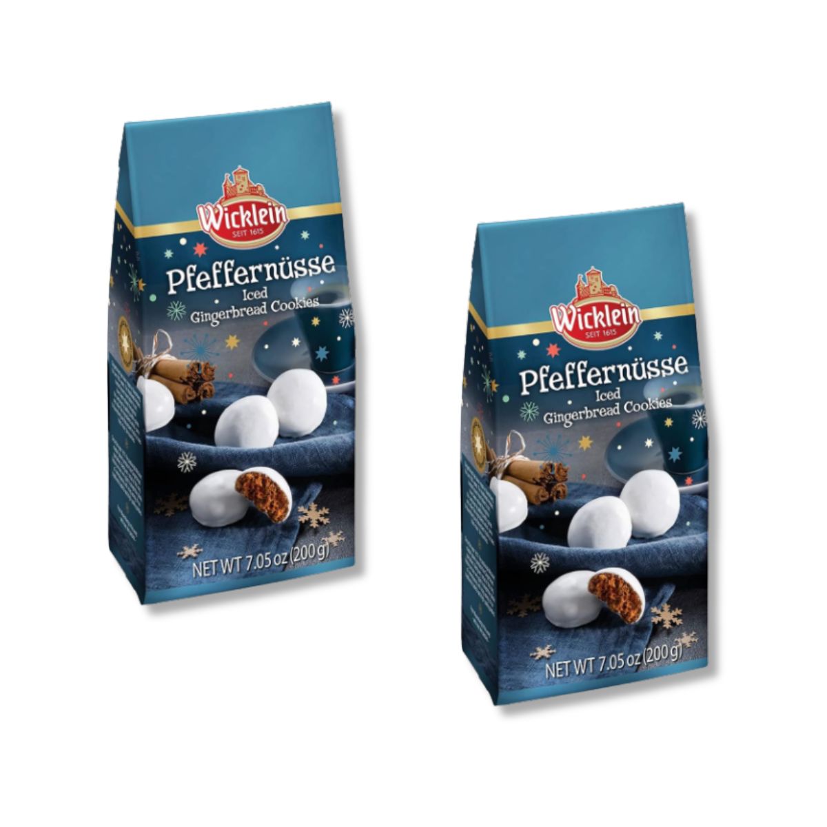 Two packages of Wicklein Pfeffernüsse (gingerbread cookies) on a plain white background. The packaging is dark blue with illustrations of white gingerbread cookies, cinnamon sticks, and gold stars.