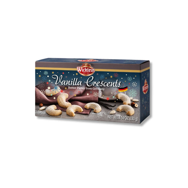 Wicklein Vanillekipferl German vanilla crescent butter cookies in a 4.59 oz Christmas gift box
