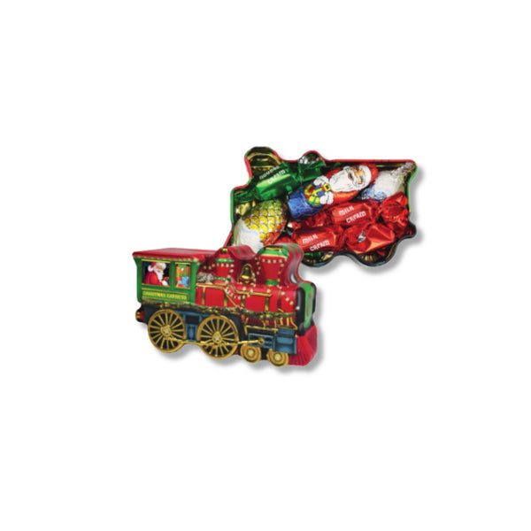 Windel Christmas locomotive tin shaped like a red and green train with gold wheels, filled with assorted wrapped chocolates
