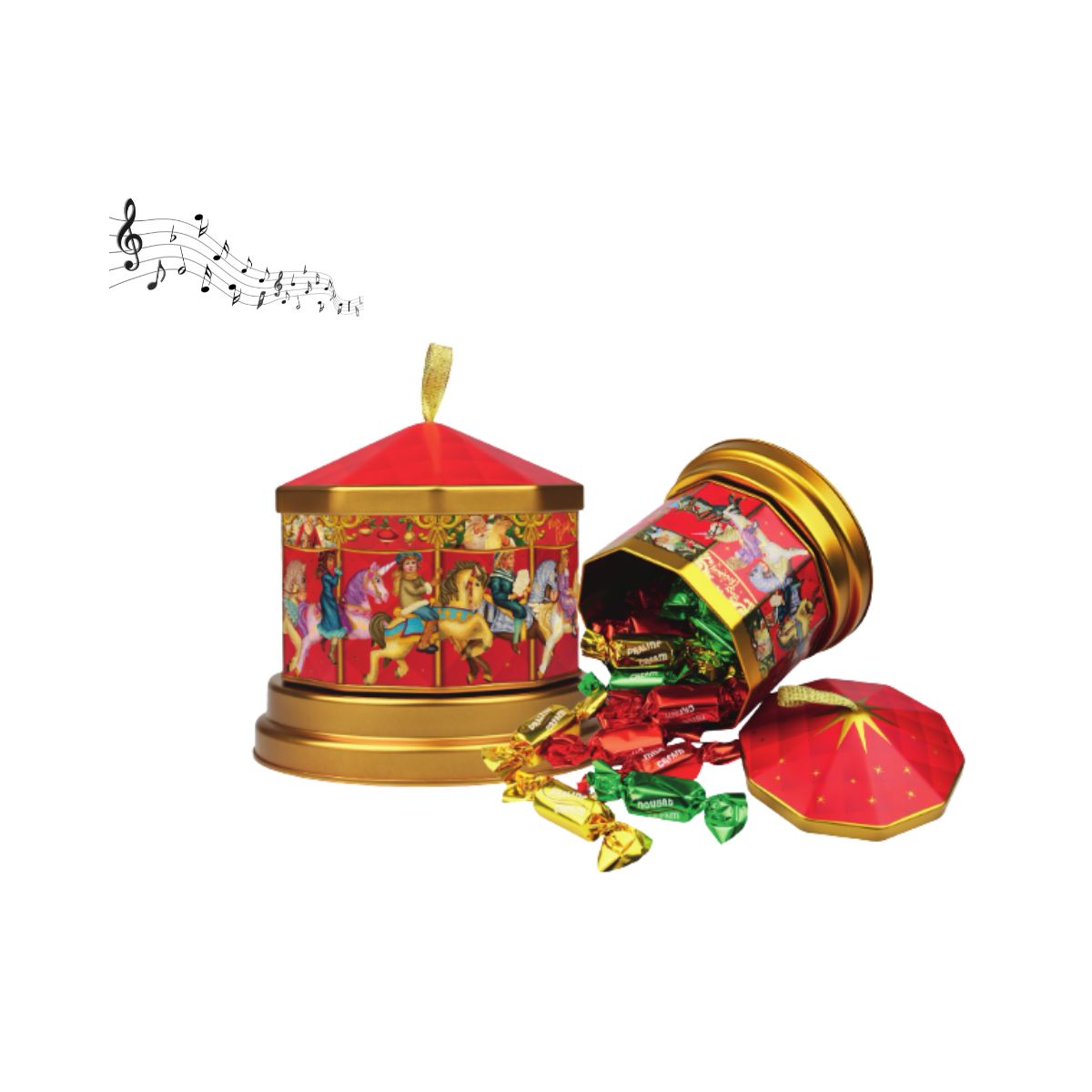 Windel musical Christmas carousel tin with colorful horses, red roof, gold accents, and assorted wrapped chocolates