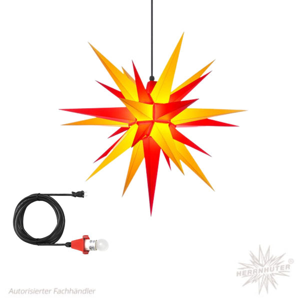 Yellow and red Herrnhuter Moravian Star Set A7 with outdoor cable and light kit for indoor and outdoor Christmas decorating