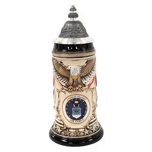 Ceramic beer stein with U.S. Air Force seal, bald eagle, and pewter lid with ornate finial. Made in Germany by Zoeller & Born.
